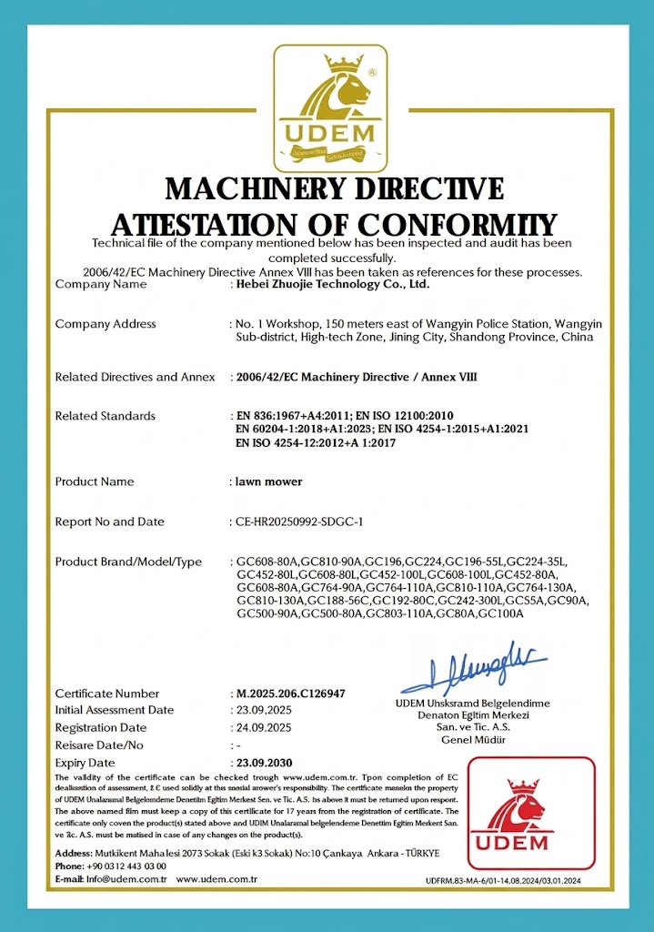 User-supplied UDEM Machinery Directive Attestation of Conformity, listing GC lawn mower models